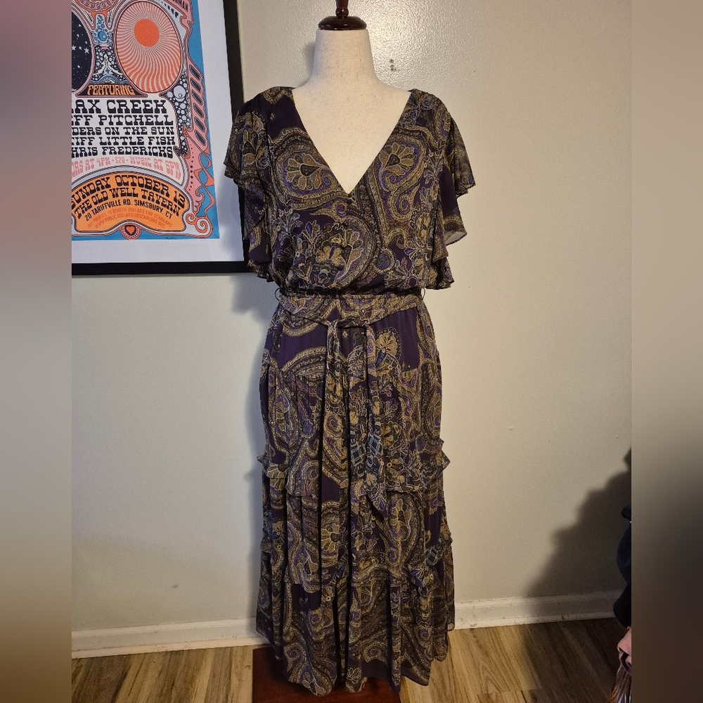 Ralph Lauren Purple and Gold Paisley Maxi Dress Georgette Size 12 Medium -Large